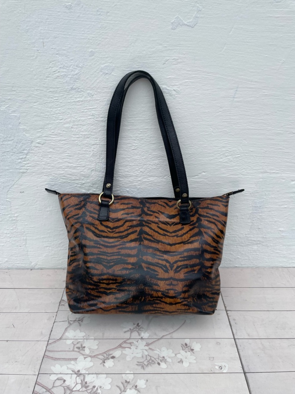 Patricia Nash Black Leather Duffel with Brown Suede Interior
